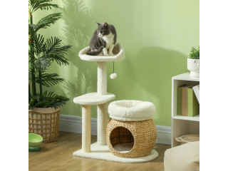 31″ Cat Tree Tower with Scratching Posts, Cat Condo, Beds, Platform and Toy Ball for Indoor Cats, Cream White